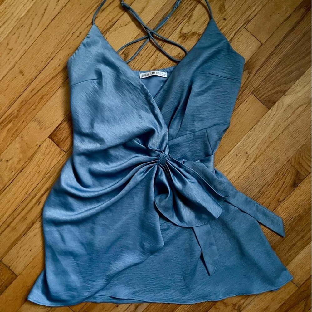 Saints + Secrets Blue Satin Draped Tie Mini Dress Size M